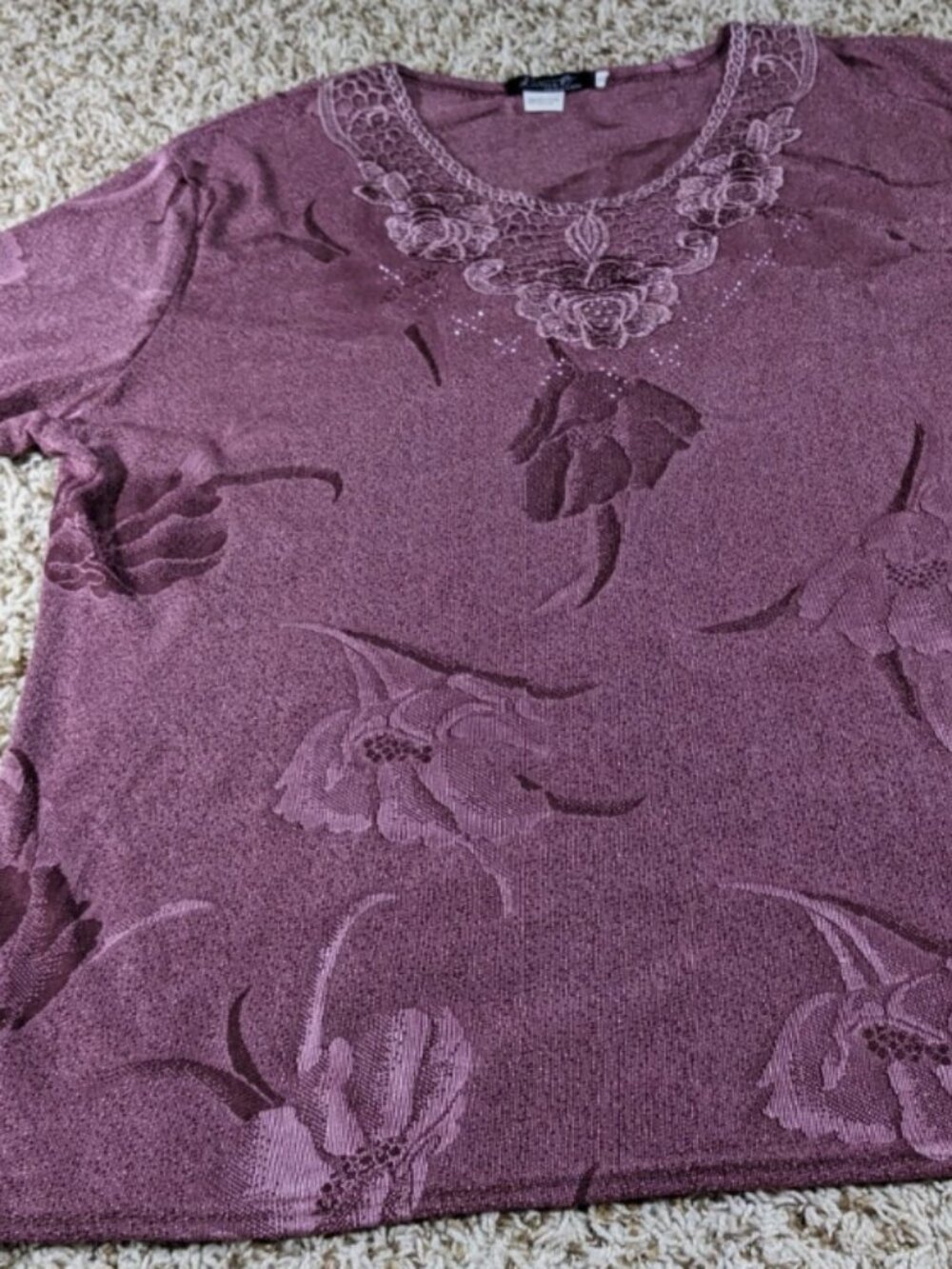 Womens Embroidered W/ Rhinestones Purple Short Sleeve Blouse Top Sz XL Y2K 2000s